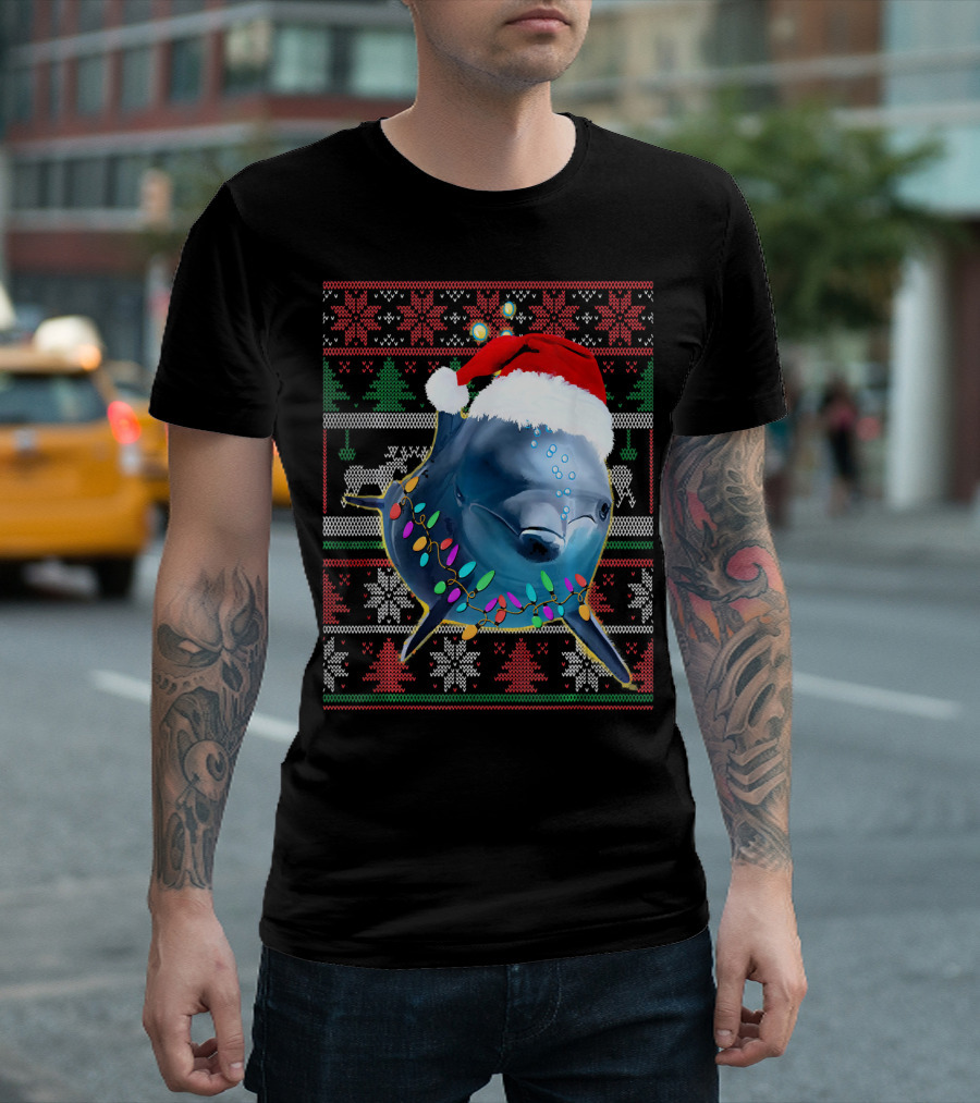 Funny Dolphin Lover Christmas Sweater Santa Hat Holiday Lights T-Shirt