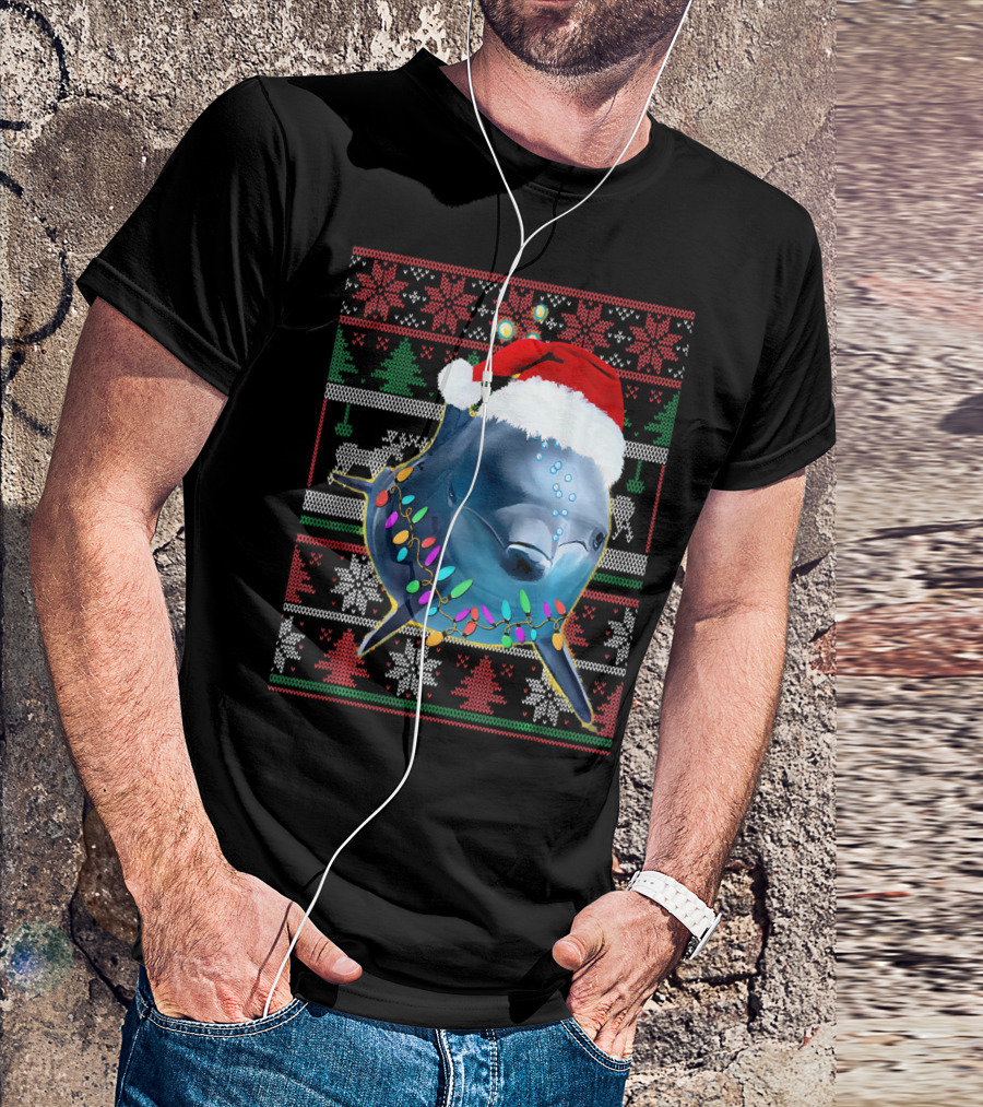 Funny Dolphin Lover Christmas Sweater Santa Hat Holiday Lights T-Shirt
