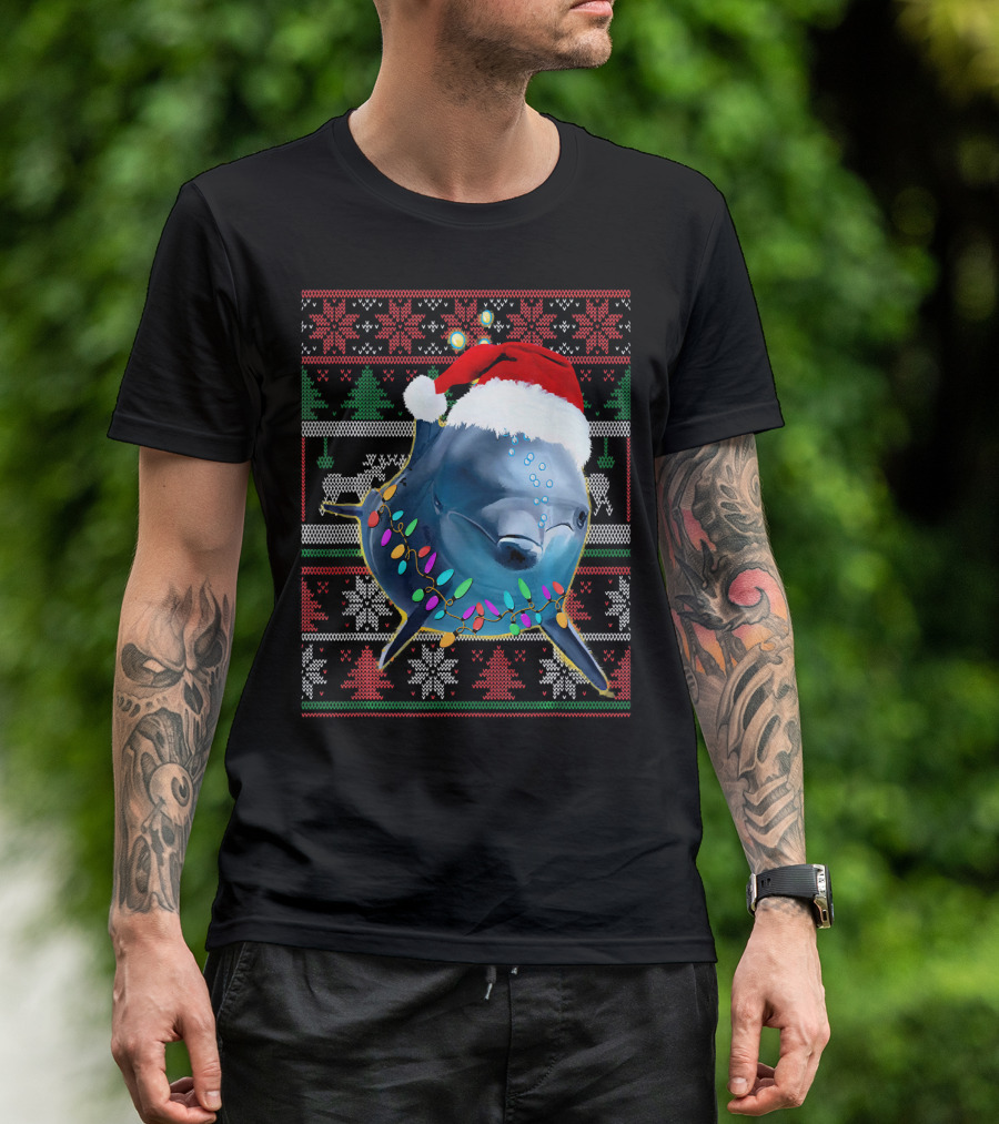 Funny Dolphin Lover Christmas Sweater Santa Hat Holiday Lights T-Shirt