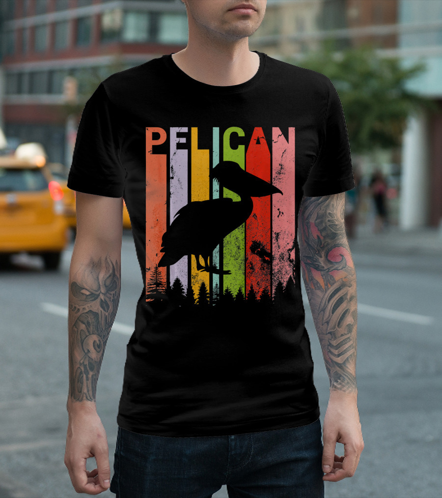 Vintage Retro Pelican Lover Silhouette With Colorful Background T-Shirt
