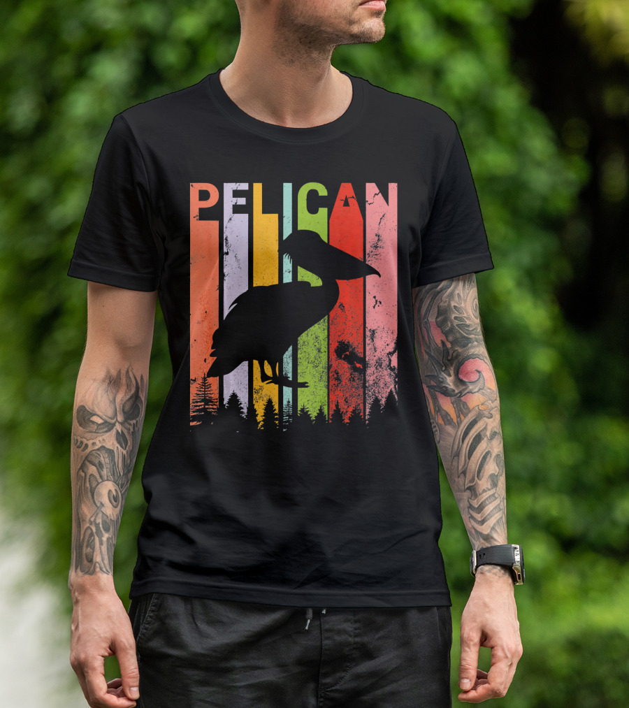 Vintage Retro Pelican Lover Silhouette With Colorful Background T-Shirt