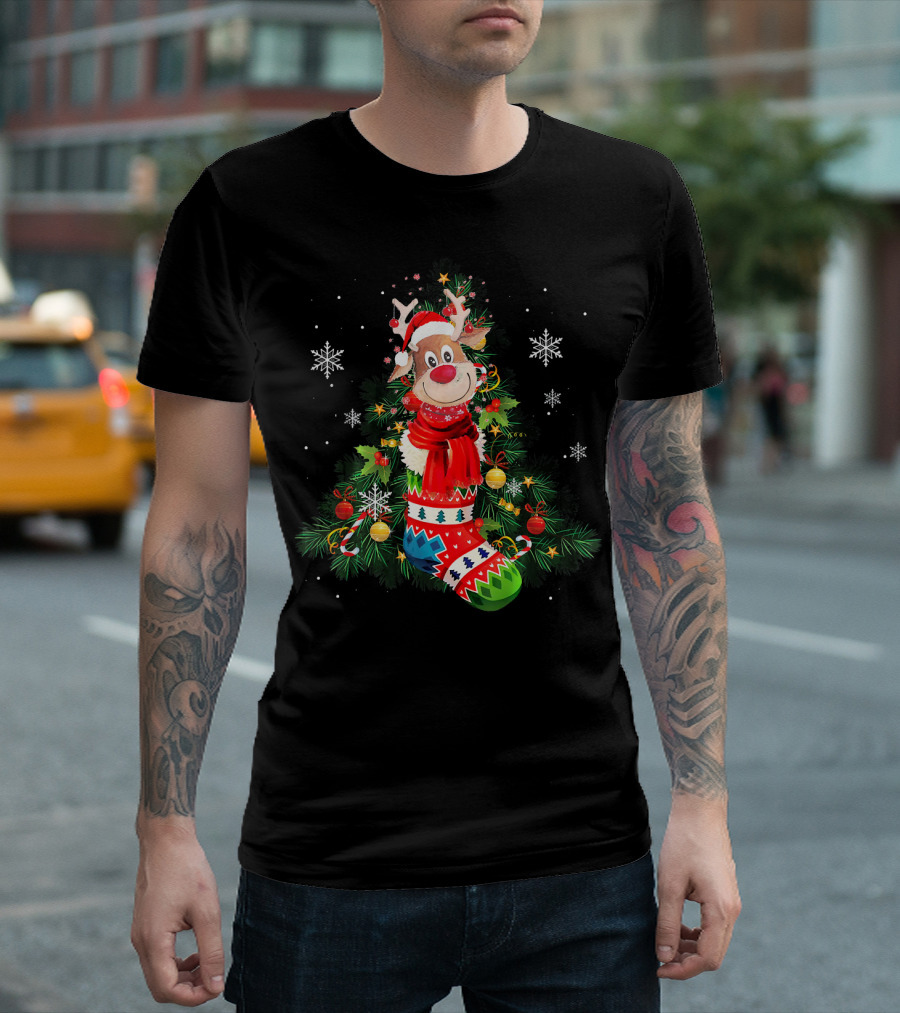 Funny Christmas Reindeer in Santa Hat with Holiday Tree and Stocking T-Shirt