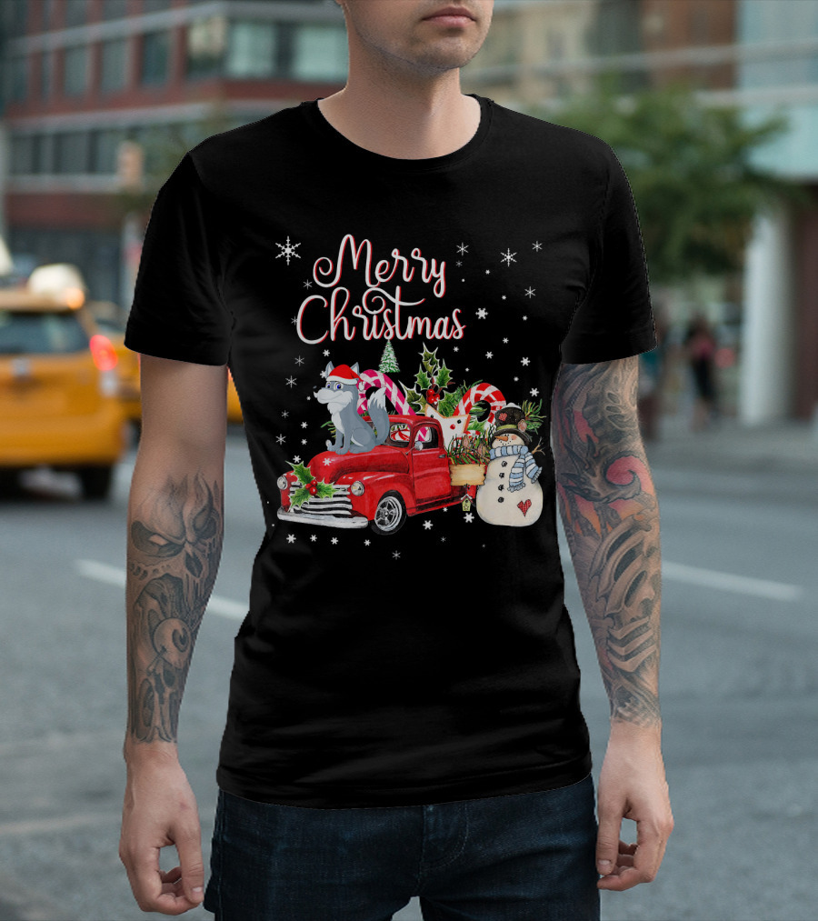 Merry Christmas Wolf Riding Red Truck with Snowman and Candy Canes T-Shirt