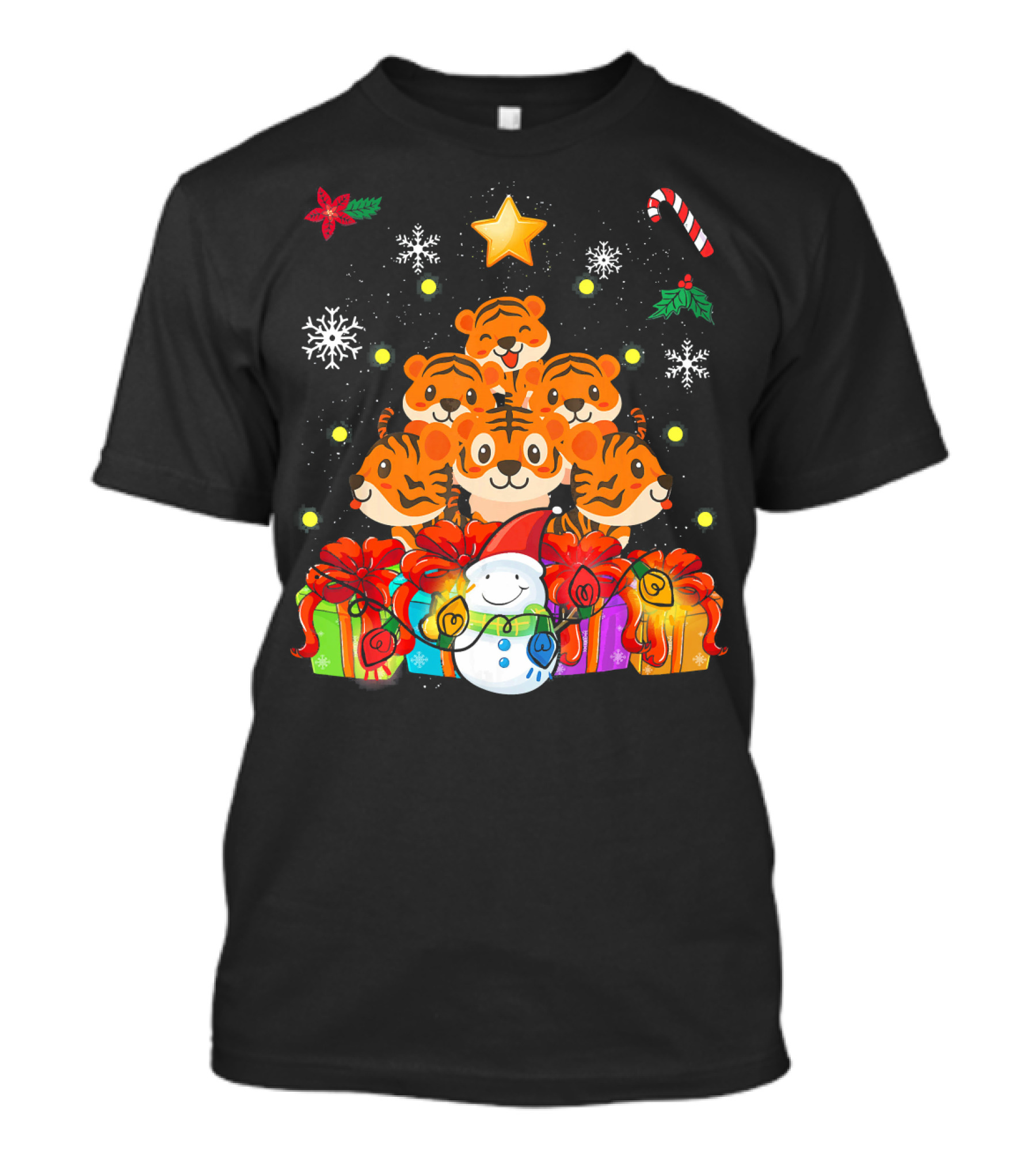 Cute Funny Tiger Christmas Tree Decor With Snowman And Gifts T-Shirt