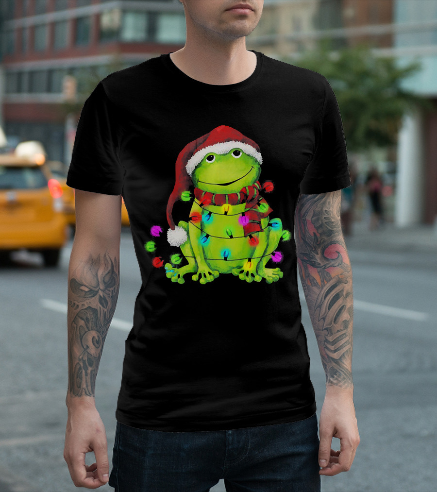 Frog Christmas Lights Santa Hat Funny Festive Frog Love T-Shirt