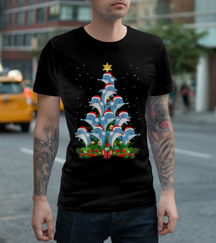 Funny Dolphin Christmas Tree with Santa Hats and Star Topper T-Shirt