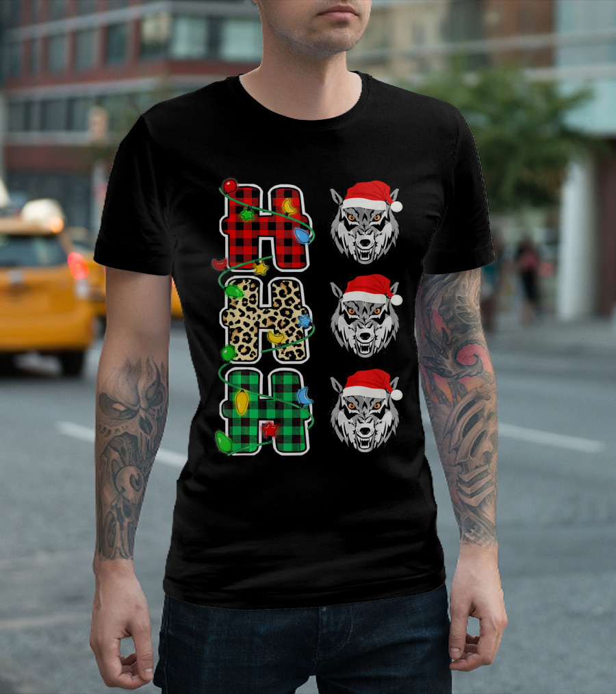 HO HO HO Christmas Lights Plaid Leopard Santa Hat Wolf T-Shirt