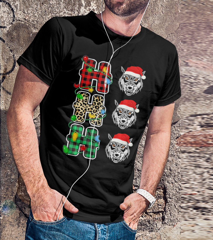 HO HO HO Christmas Lights Plaid Leopard Santa Hat Wolf T-Shirt