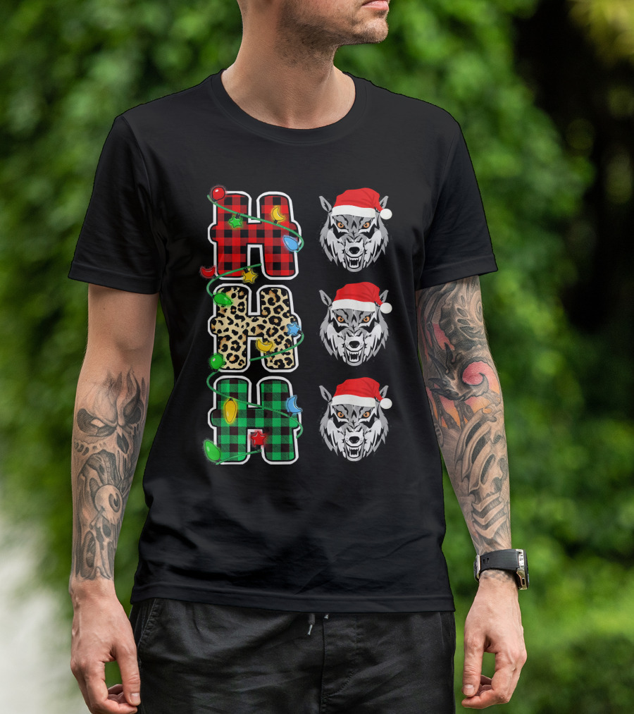 HO HO HO Christmas Lights Plaid Leopard Santa Hat Wolf T-Shirt