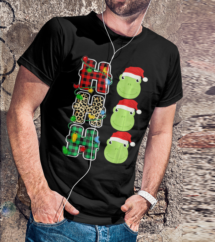 HO HO HO Santa Hat Frog With Plaid And Leopard T-Shirt