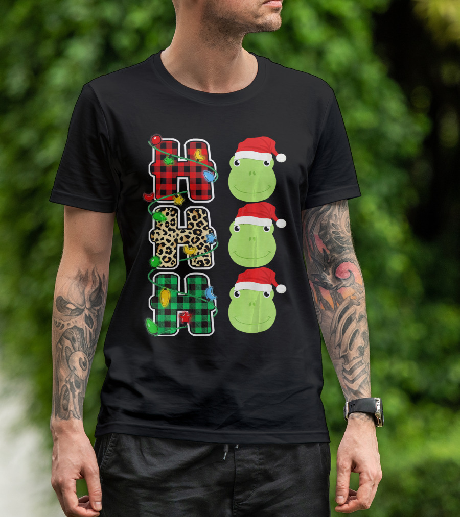 HO HO HO Santa Hat Frog With Plaid And Leopard T-Shirt