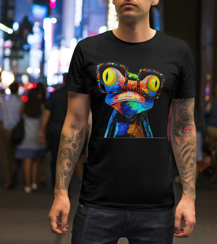 Colorful Cute Frog With Glasses Vibrant T-Shirt