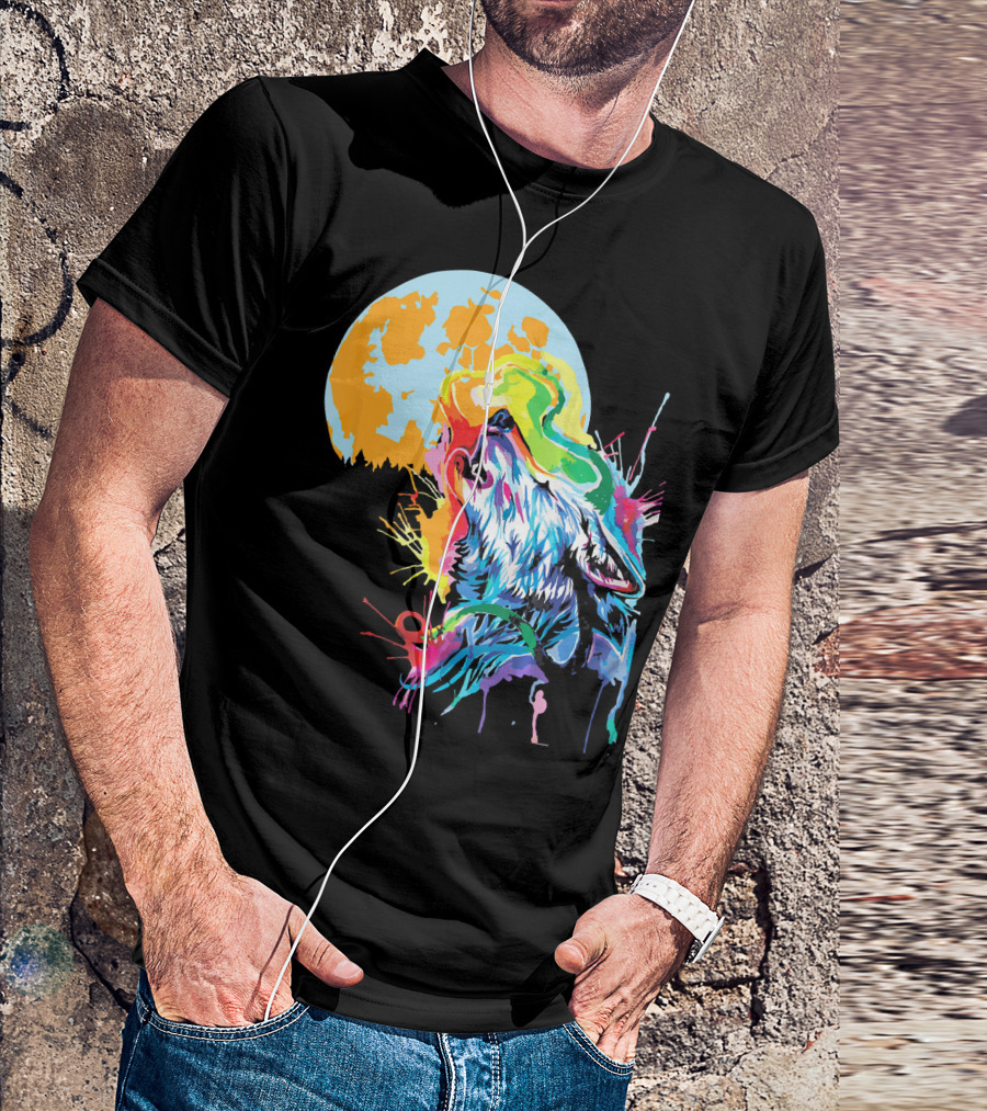 Full Moon Wolf Vibrant Colorful Wildlife T-Shirt