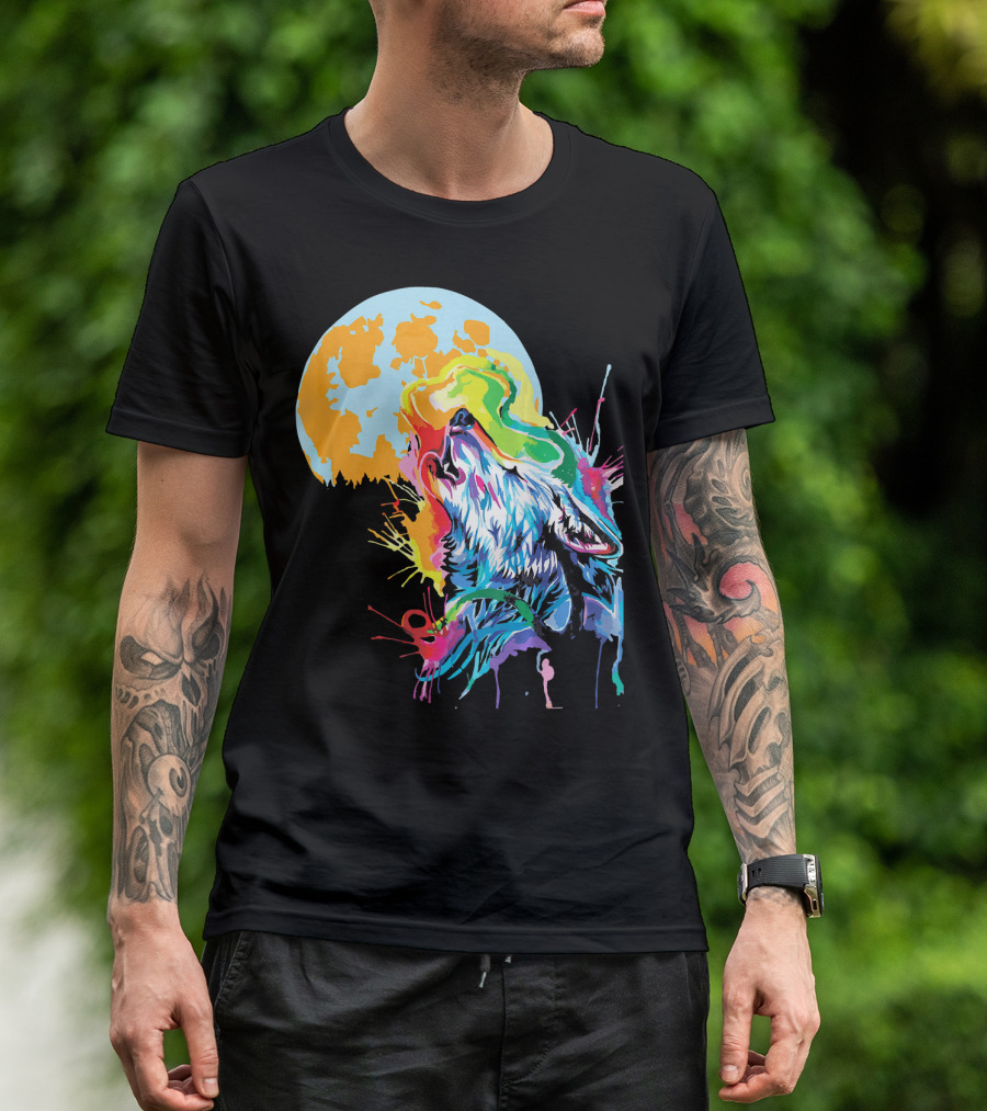 Full Moon Wolf Vibrant Colorful Wildlife T-Shirt