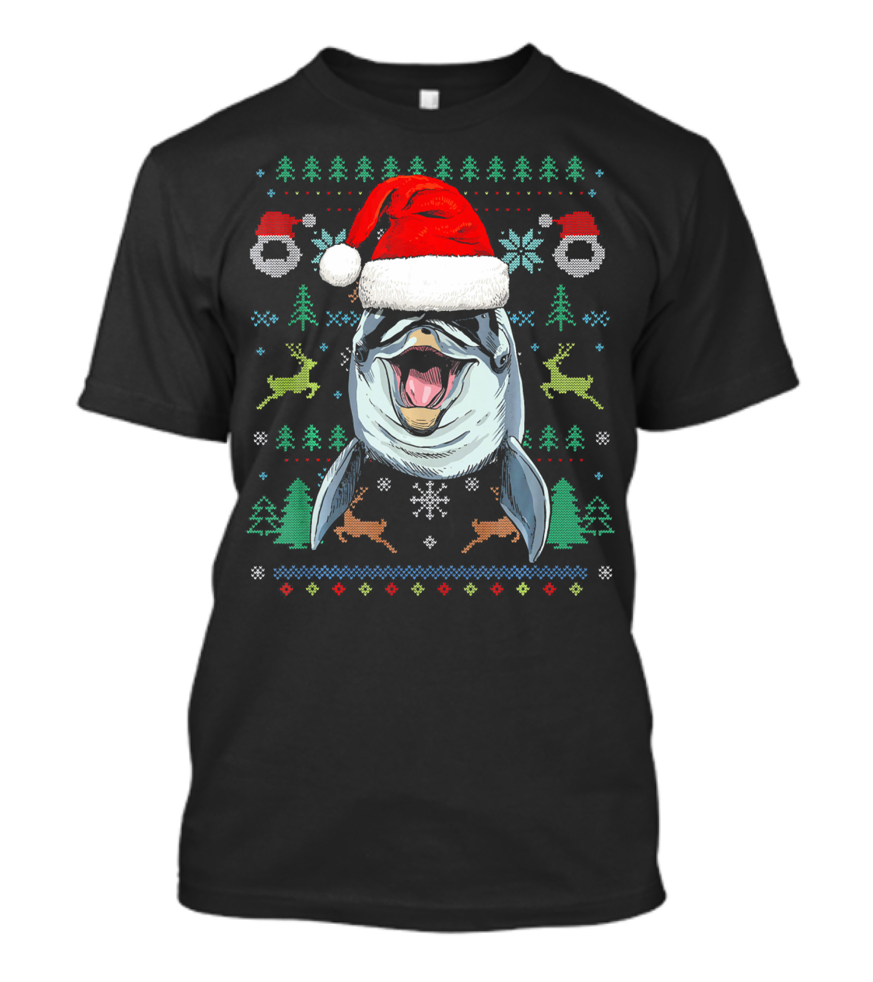 Dolphin In Santa Hat Ugly Christmas Sweater Reindeer Snowflakes Trees T-Shirt
