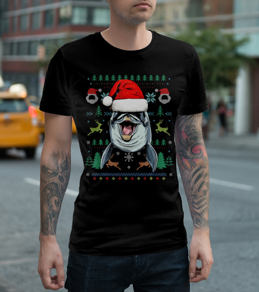 Dolphin In Santa Hat Ugly Christmas Sweater Reindeer Snowflakes Trees T-Shirt