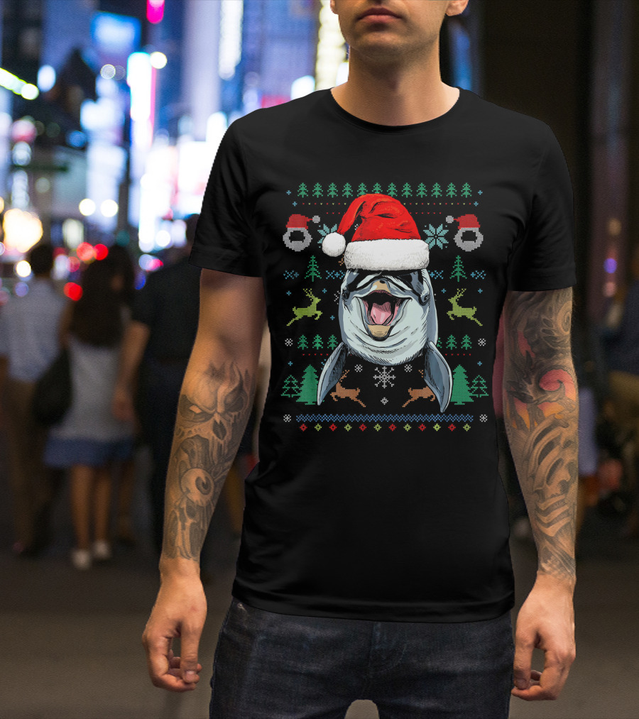 Dolphin In Santa Hat Ugly Christmas Sweater Reindeer Snowflakes Trees T-Shirt