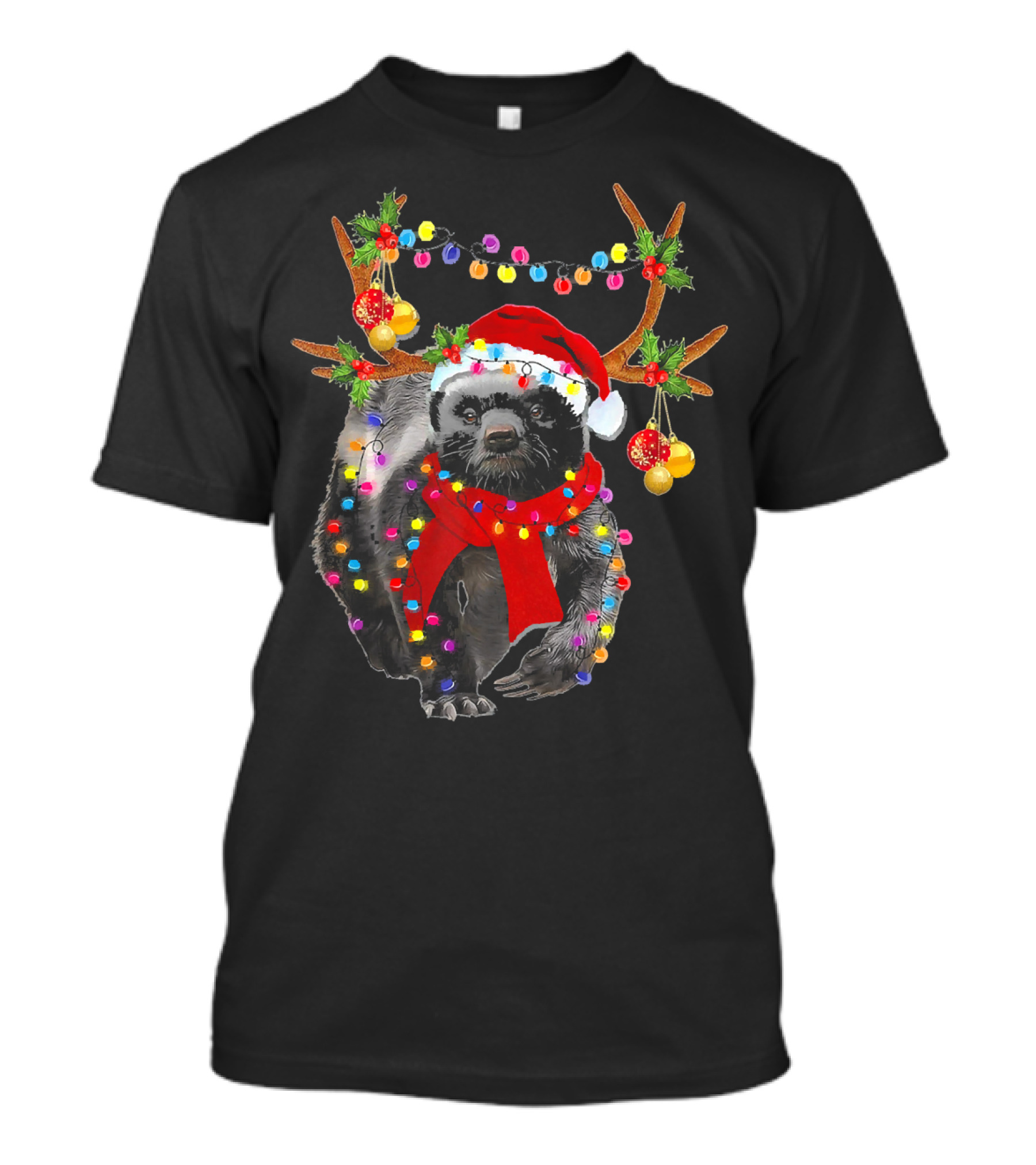 Funny Honey Badger Santa Hat Reindeer Lights T-Shirt
