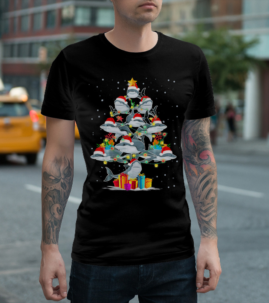 Funny Dolphin Christmas Tree With Santa Hats and Presents T-Shirt