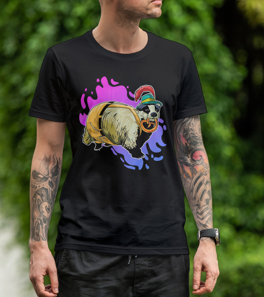 Bavarian Badger In Lederhosen With Pretzel Oktoberfest T-Shirt