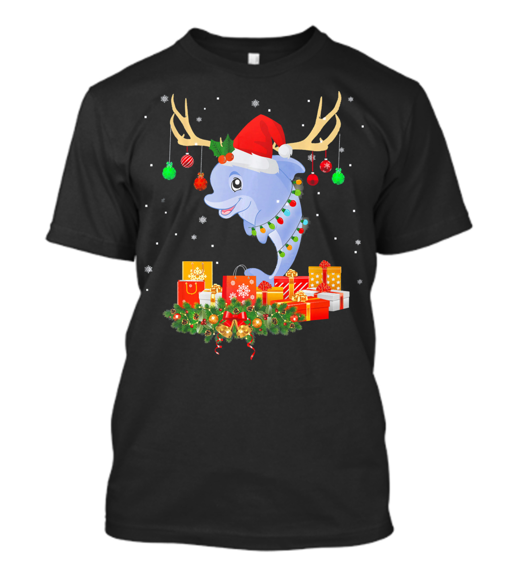 Funny Dolphin Christmas With Antlers And Xmas Lights Gifts T-Shirt