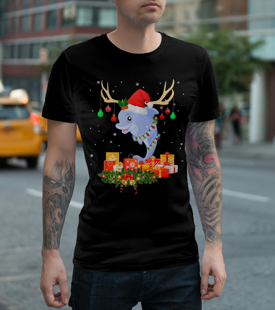 Funny Dolphin Christmas With Antlers And Xmas Lights Gifts T-Shirt