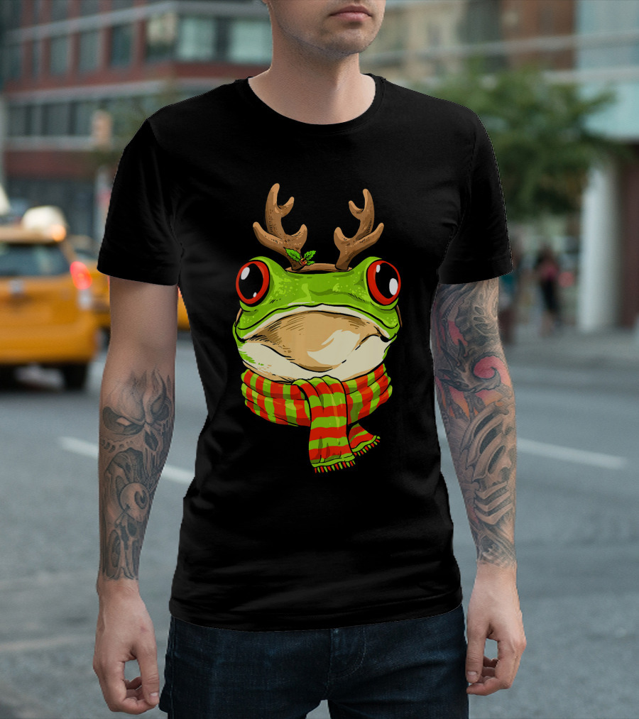Frog Christmas Reindeer Antlers Scarf Festive冬 T-Shirt