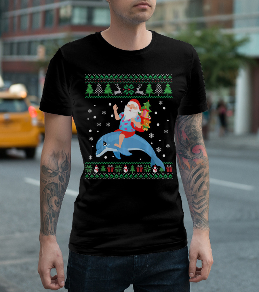 Santa Claus Tropical Christmas Riding Dolphin Ugly T-Shirt