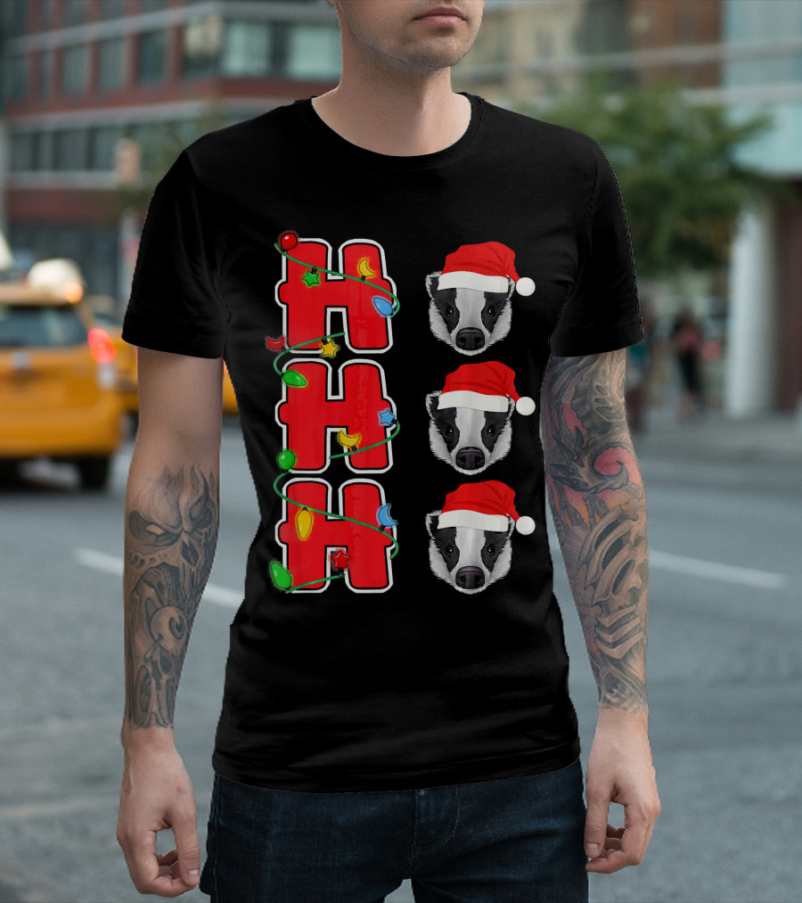 Ho Ho Ho Santa Badger Christmas Lights Festive Holiday T-Shirt
