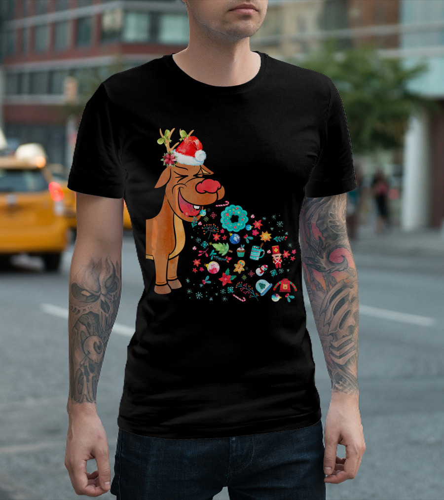 Funny Christmas Reindeer with Santa Hat and Festive Decorations T-Shirt