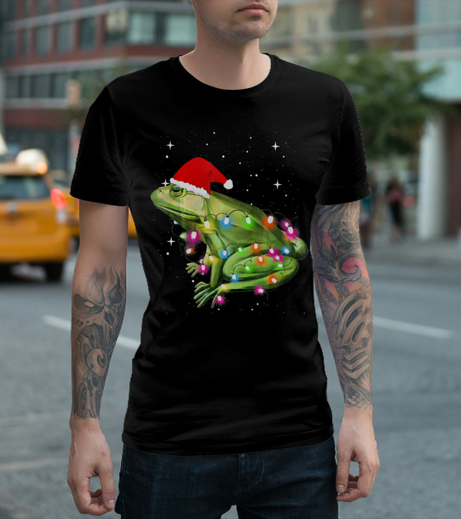 Christmas Frog With Lights and Santa Hat T-Shirt