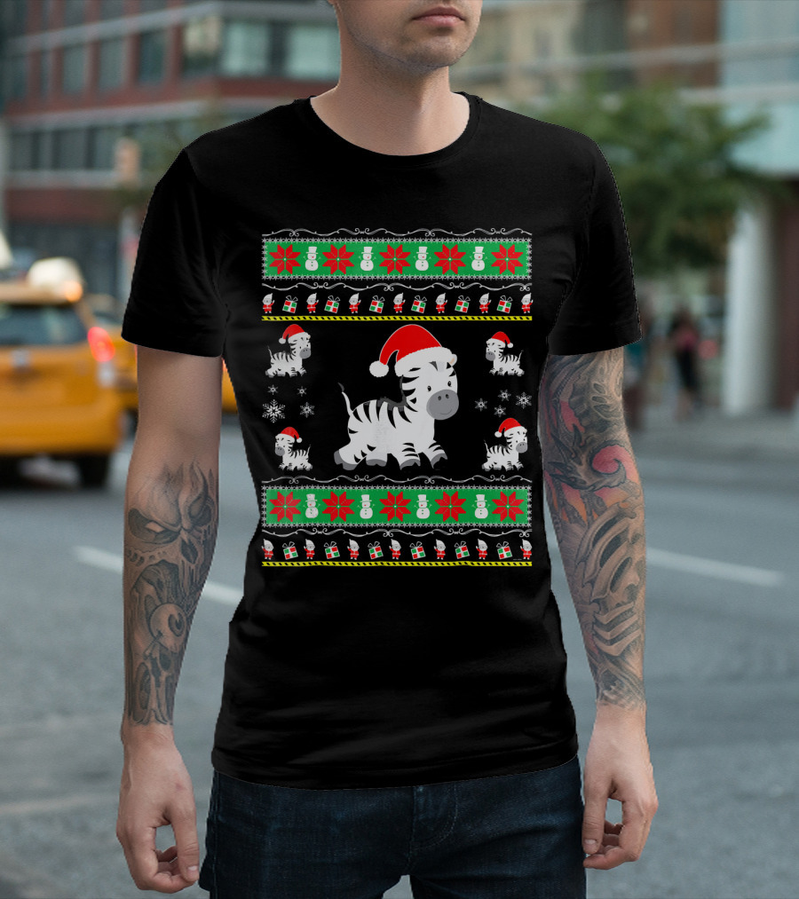 Emoji Zebra Christmas Santa Hat Snowmen Presents T-Shirt
