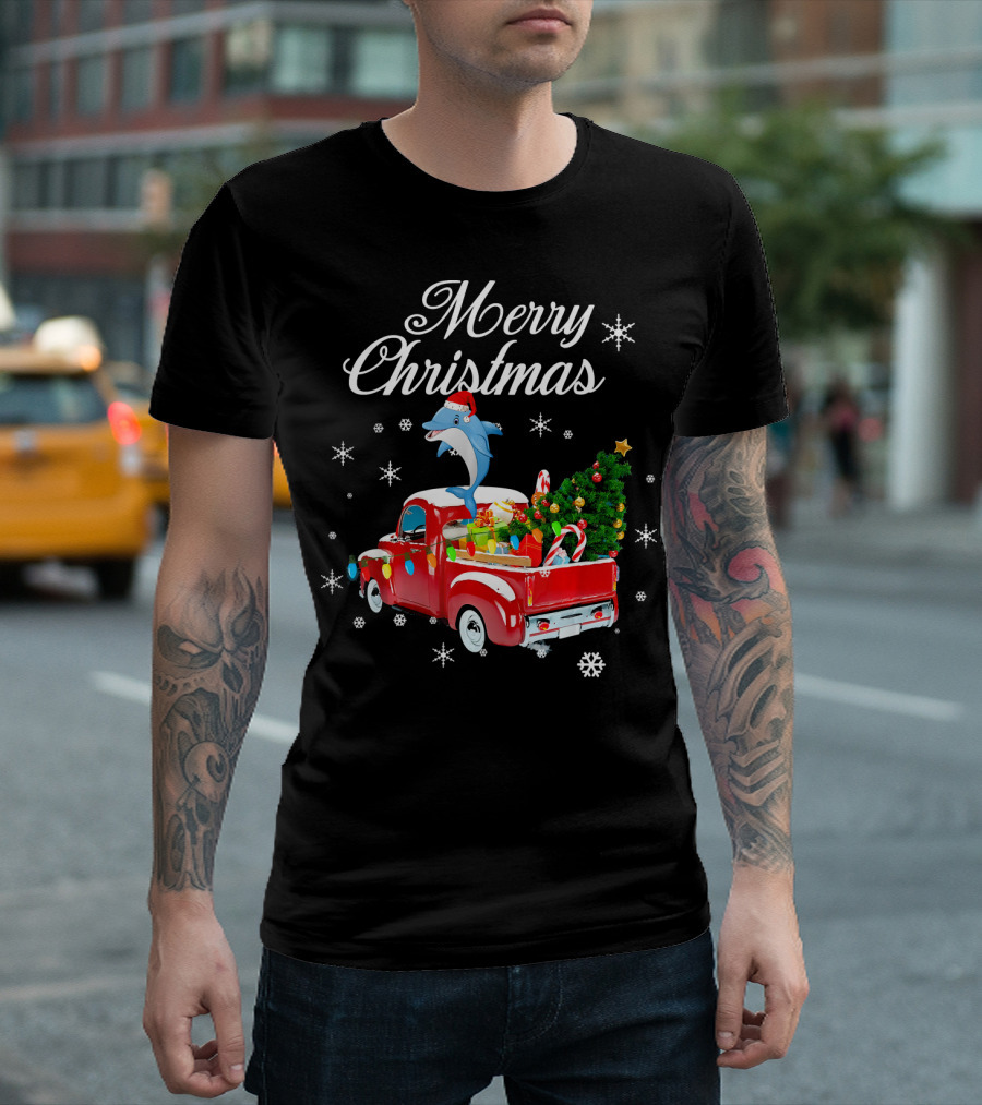 Merry Christmas Dolphin Rides Red Truck with Gifts and Tree T-Shirt