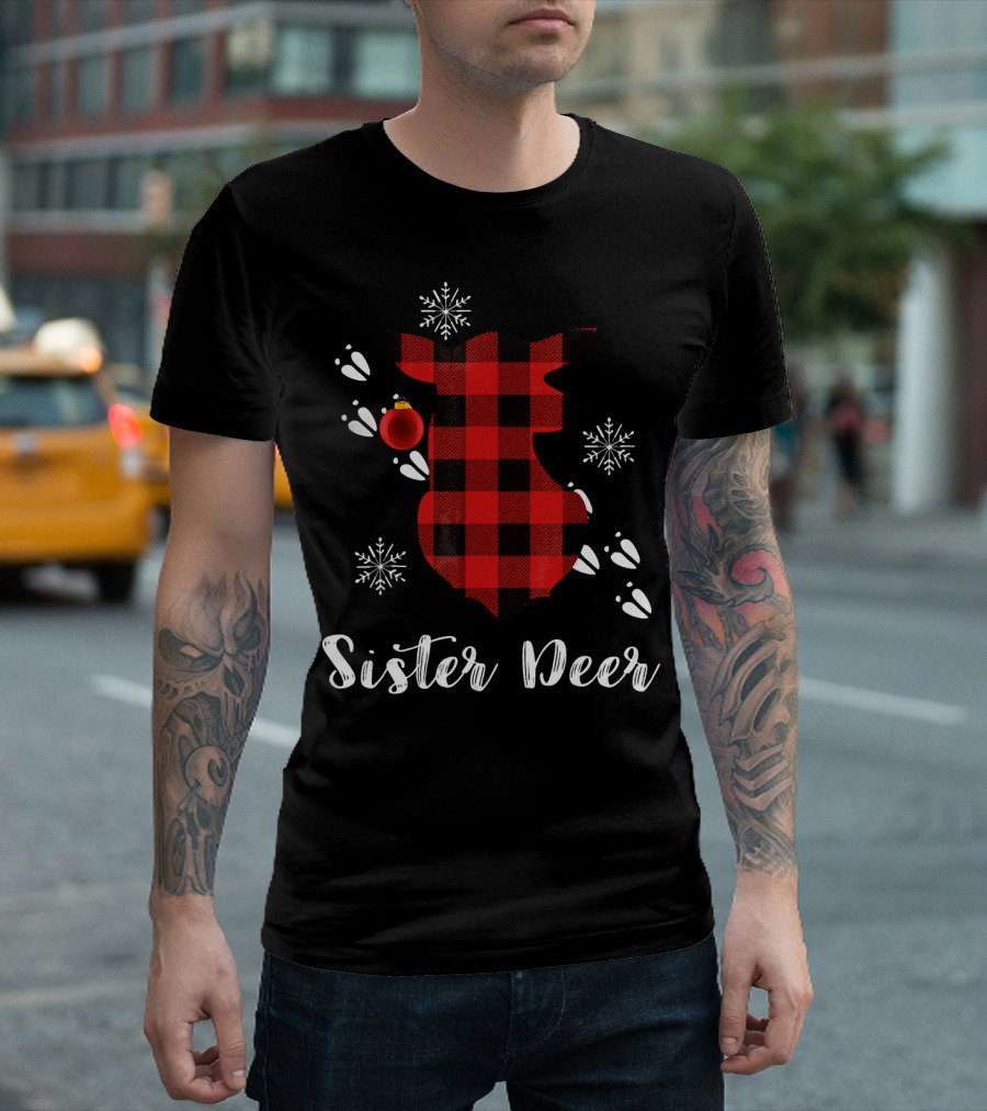 Sister Deer Family Christmas Outfit Plaid Buffalo Check T-Shirt