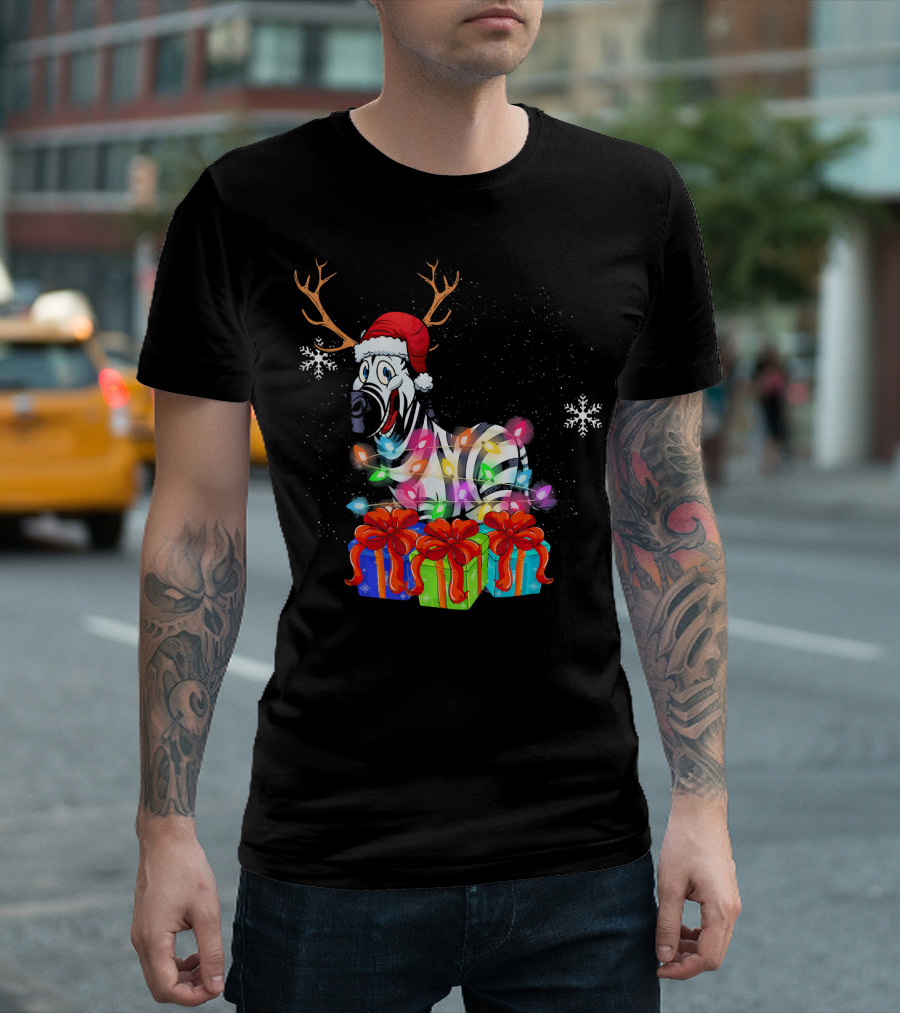 Zebra with Reindeer Antlers Wrapped in Christmas Lights and Santa Hat with Presents T-Shirt