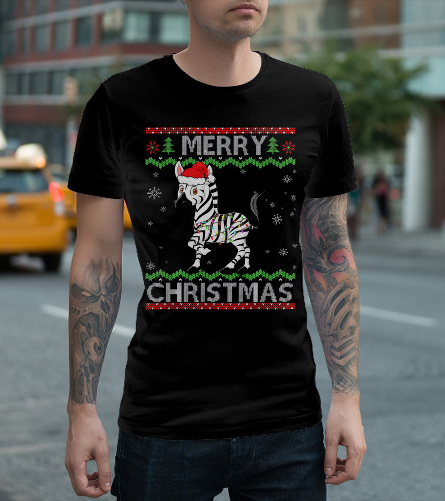 Merry Christmas Funny Zebra with Santa Hat and Lights T-Shirt