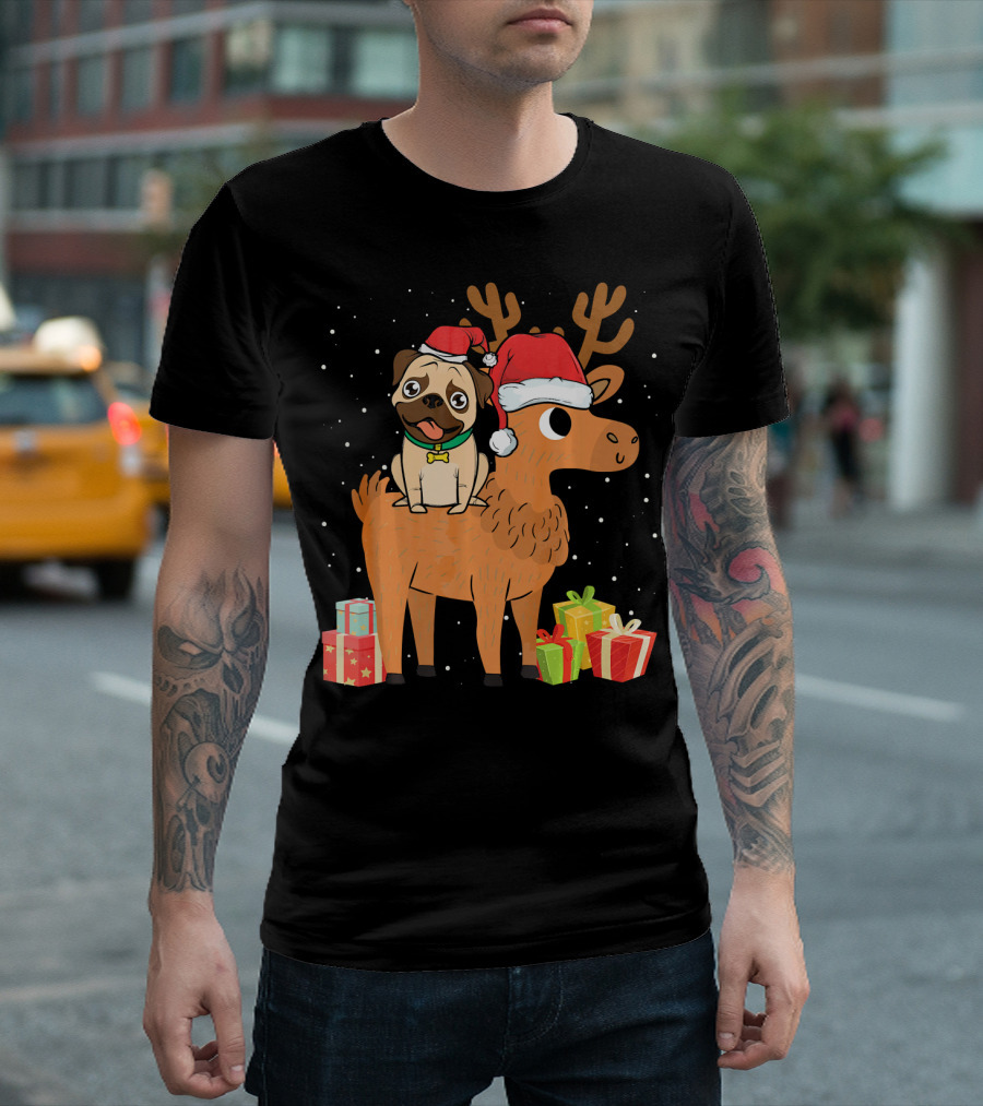Funny Christmas Pug and Reindeer with Santa Hats and Presents T-Shirt
