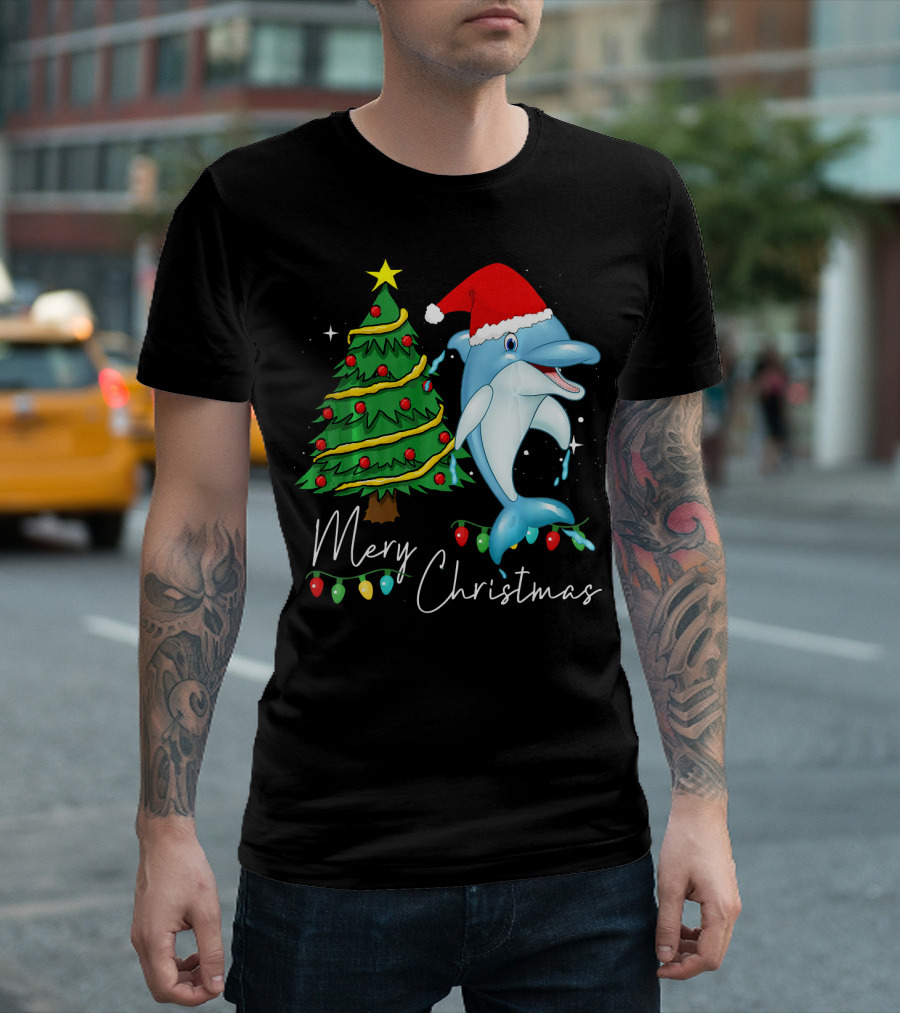 Merry Christmas Funny Dolphin Santa Hat Christmas Tree Lights T-Shirt