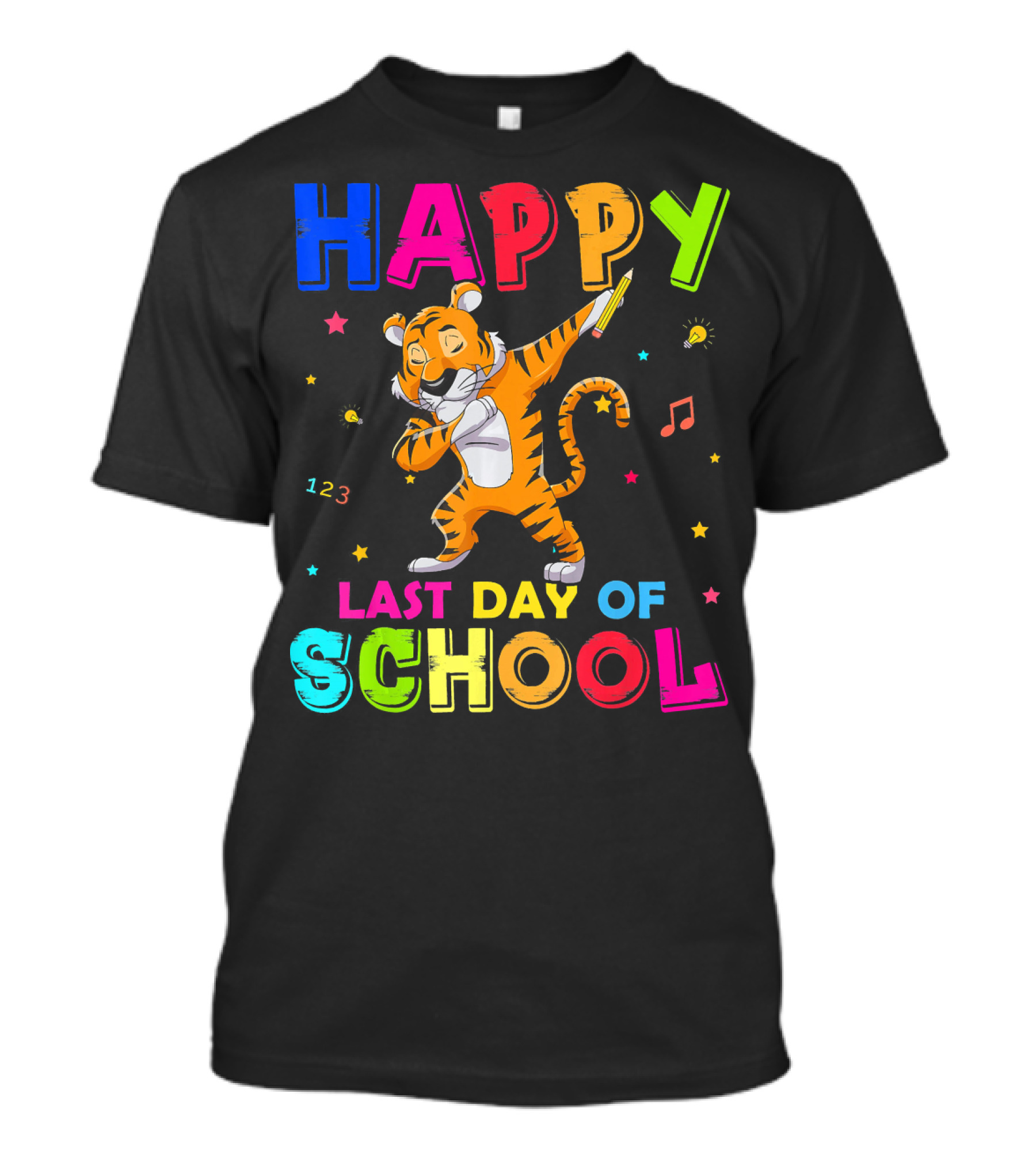 Happy Last Day Of School Dabbing Tiger With Colorful Stars And Musical Notes T-Shirt