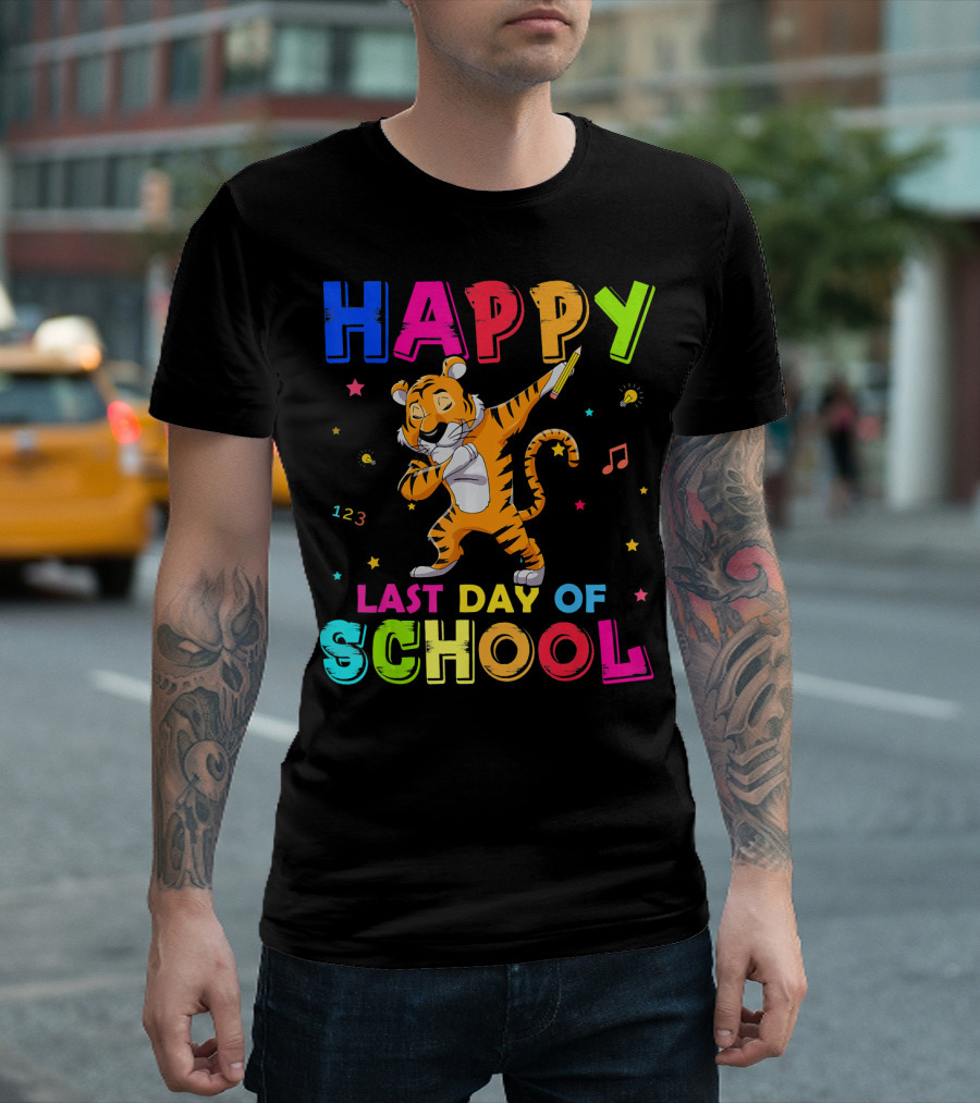Happy Last Day Of School Dabbing Tiger With Colorful Stars And Musical Notes T-Shirt