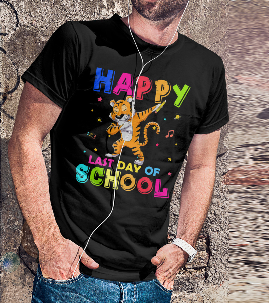 Happy Last Day Of School Dabbing Tiger With Colorful Stars And Musical Notes T-Shirt