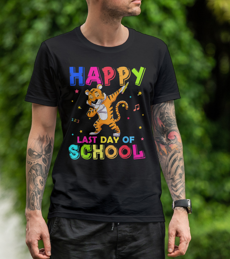 Happy Last Day Of School Dabbing Tiger With Colorful Stars And Musical Notes T-Shirt