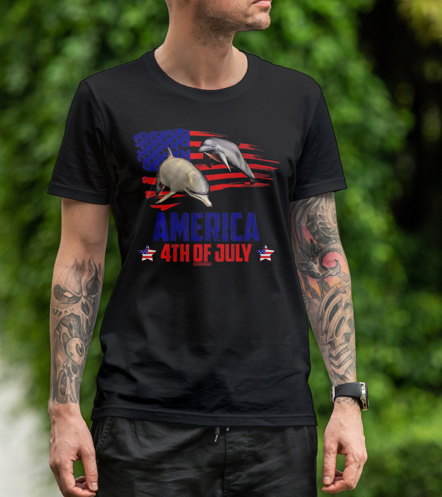 America 4th Of July Patriotic Dolphin Flag T-Shirt