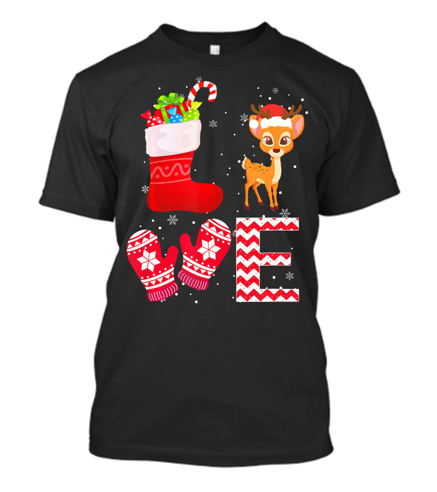Christmas Love Deer With Stocking And Mittens T-Shirt