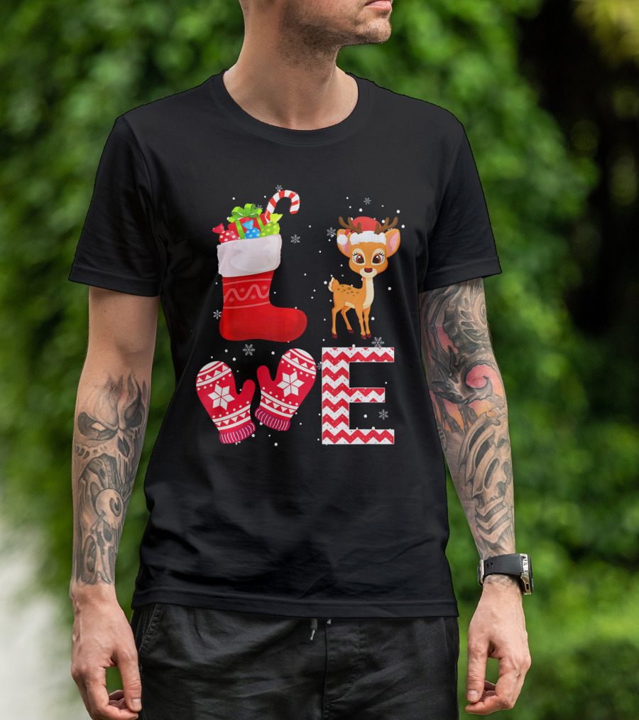 Christmas Love Deer With Stocking And Mittens T-Shirt