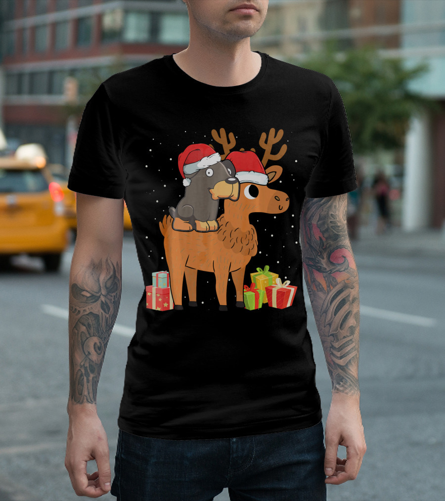Funny Rottweiler Riding Deer with Santa Hats and Christmas Presents T-Shirt