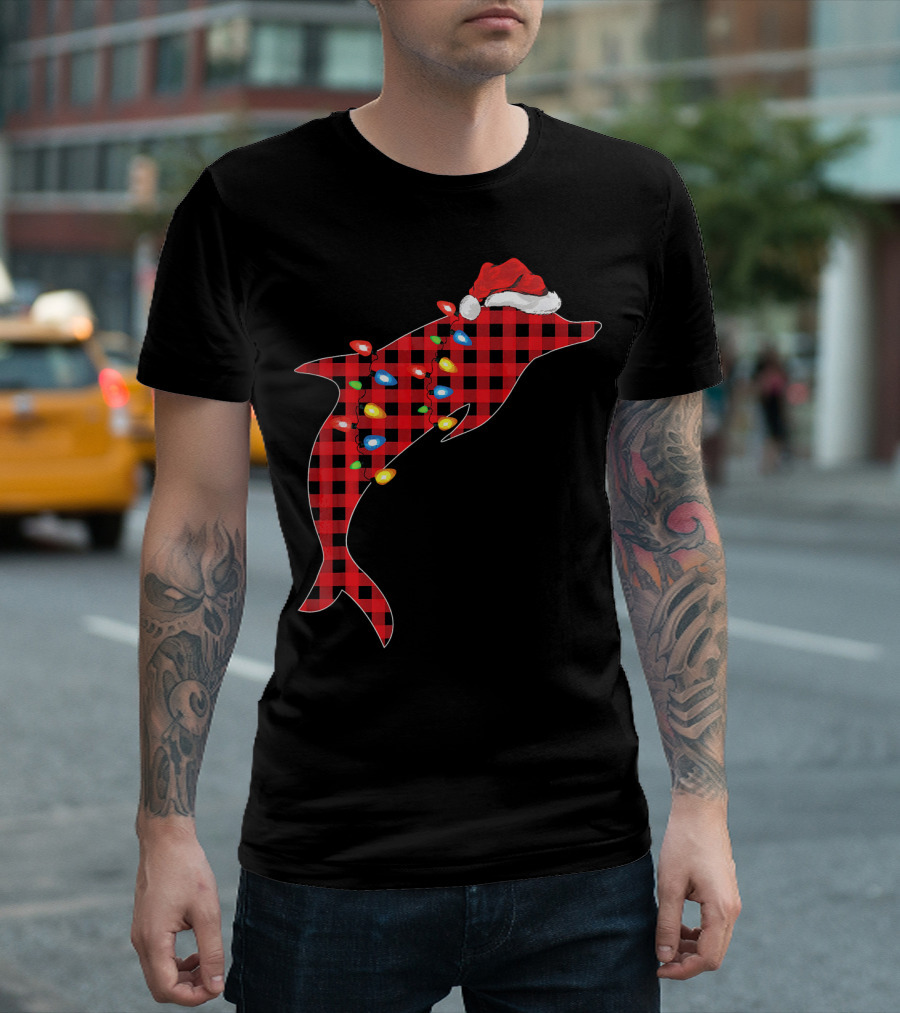 Dolphin Family Matching Group Christmas Plaid Santa Hat Lights T-Shirt