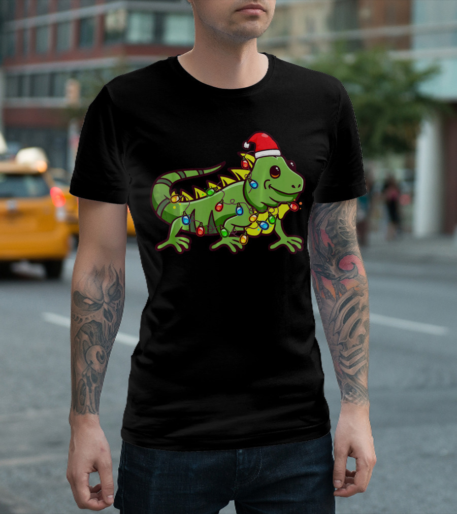 Funny Iguana with Christmas Santa Hat and Colorful Holiday Lights T-Shirt