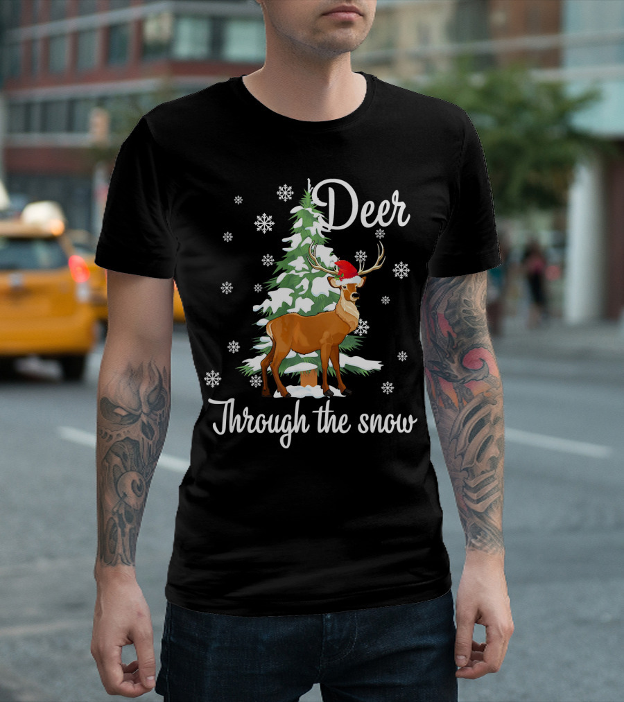 Deer Through The Snow With Santa Hat And Christmas Tree T-Shirt