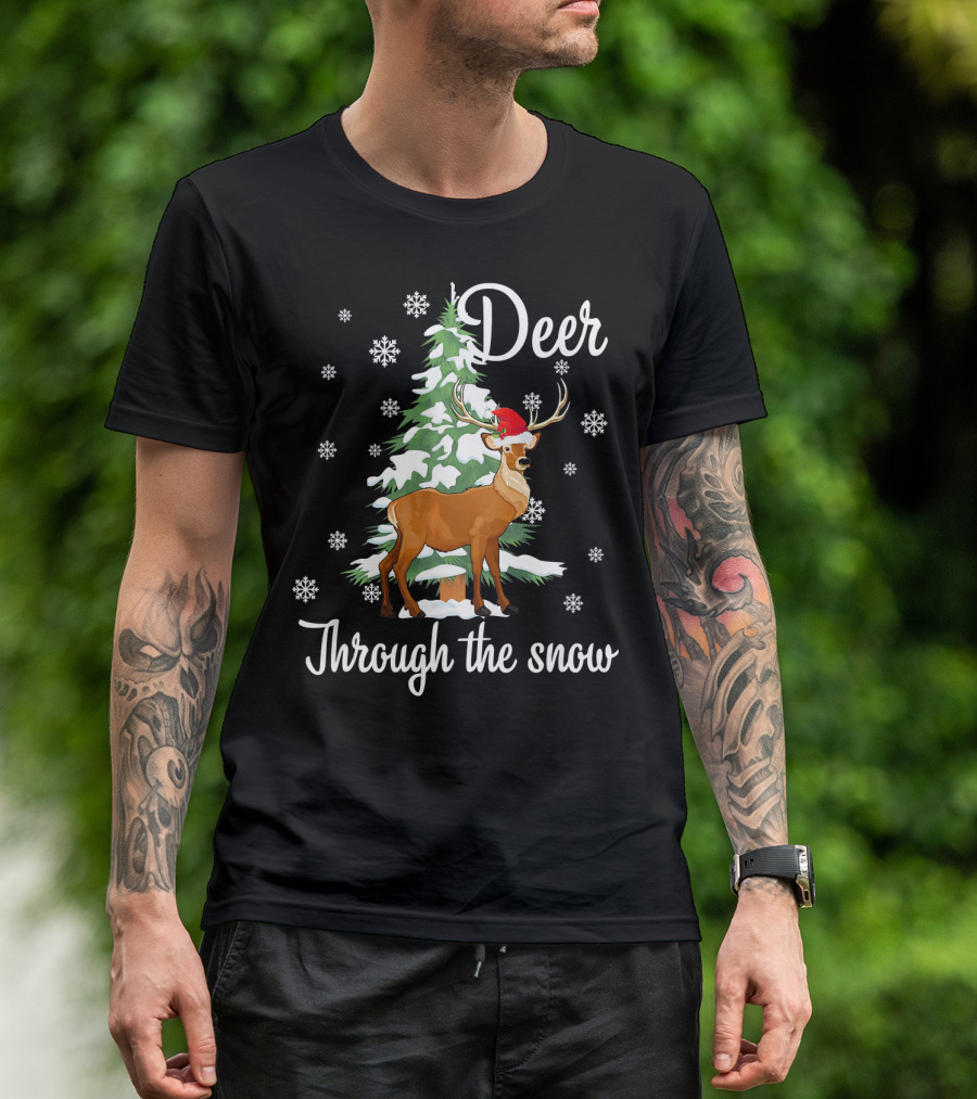 Deer Through The Snow With Santa Hat And Christmas Tree T-Shirt